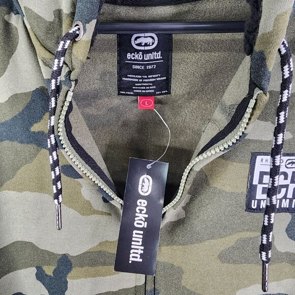 Mens Ecko Unltd Green Camouflage Fleece Hoodie Jacket Full Zip Long Sleeve L - Picture 7 of 13